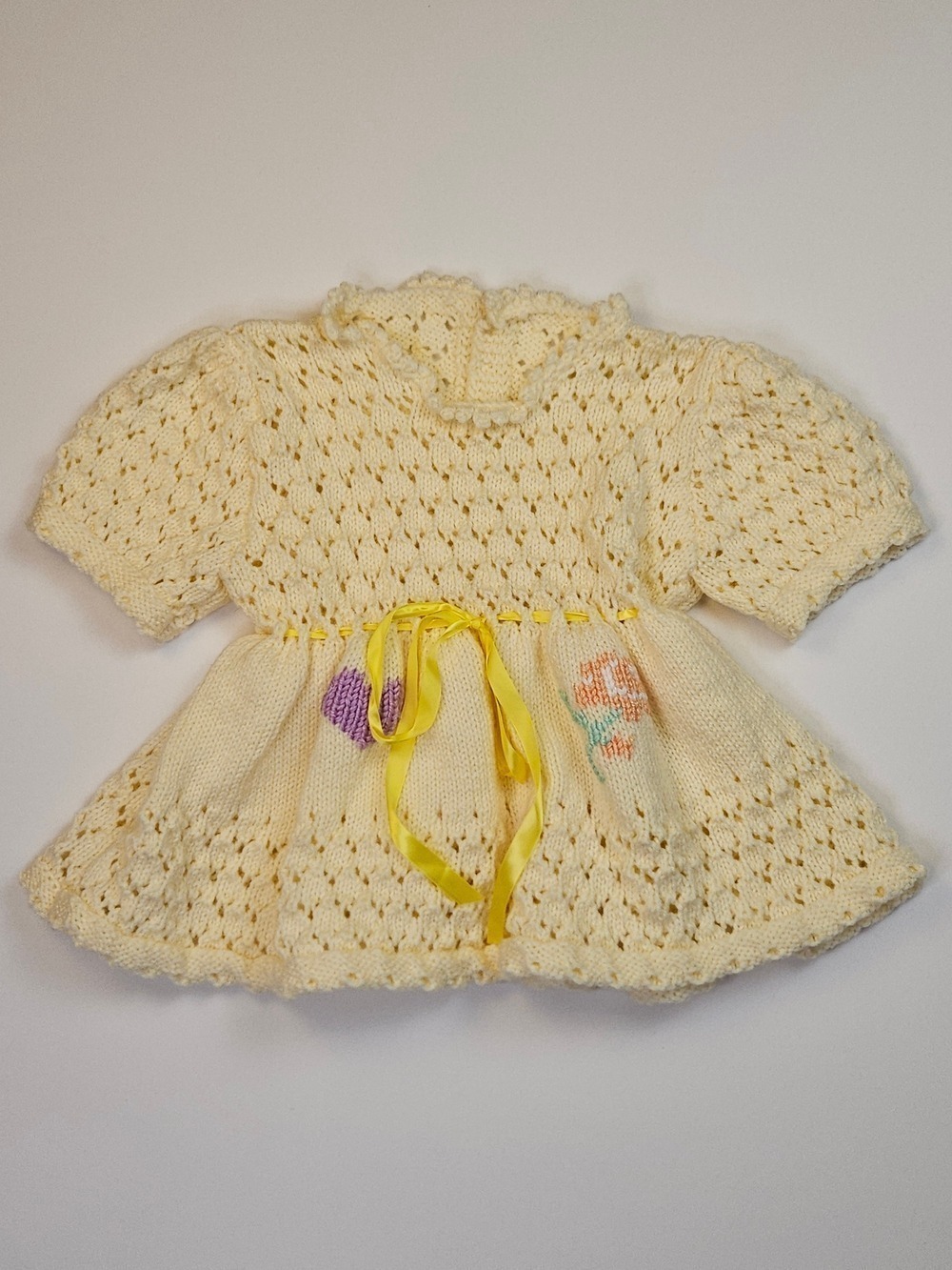 Handmade Knit Baby Toddler Dress Yellow Adjustable Waist Vintage Style 0-3T